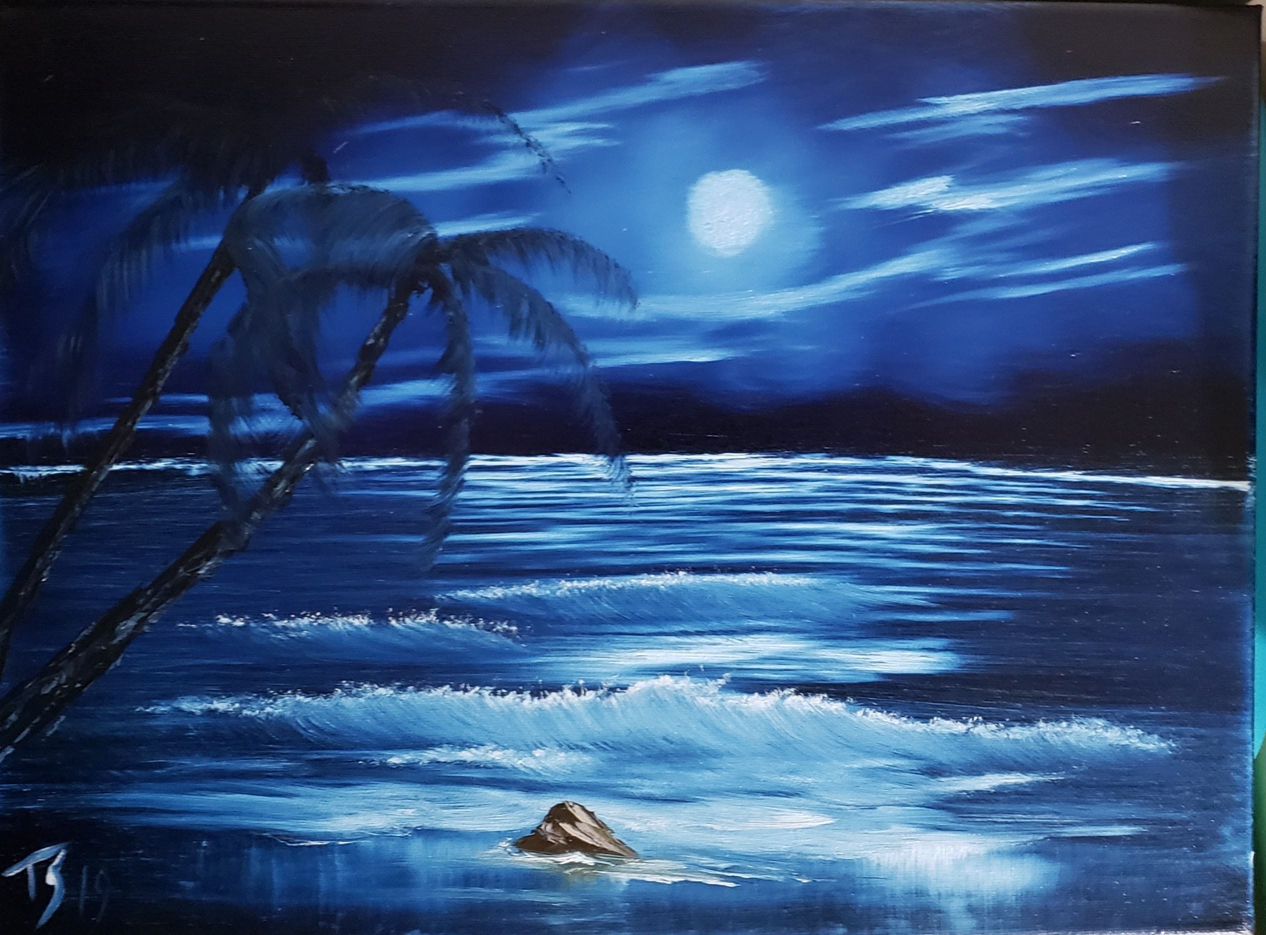Painting of a Frozen Lake in the Middle of the Night