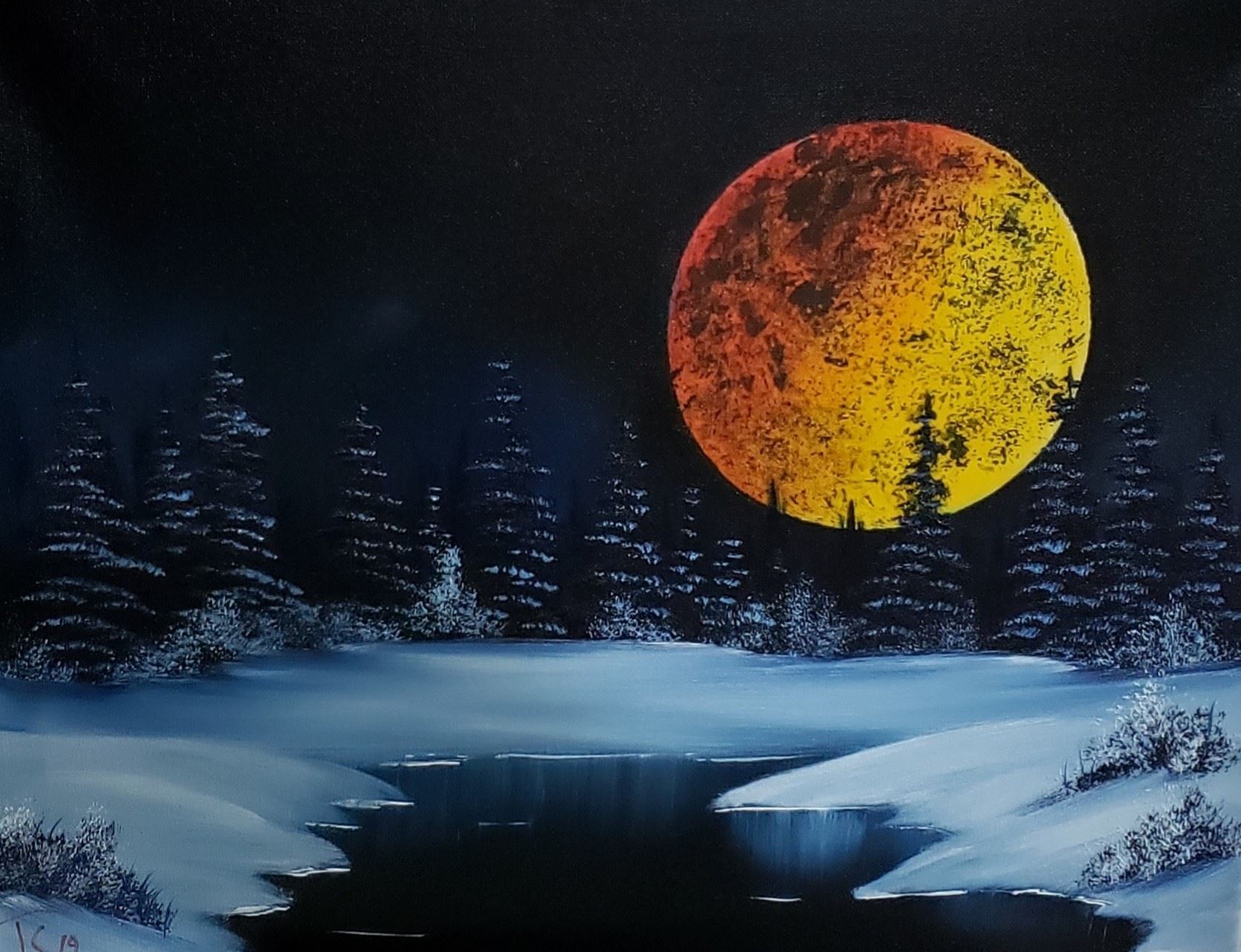 Paining of a Large Harvest Moon in the Middle of the Night
