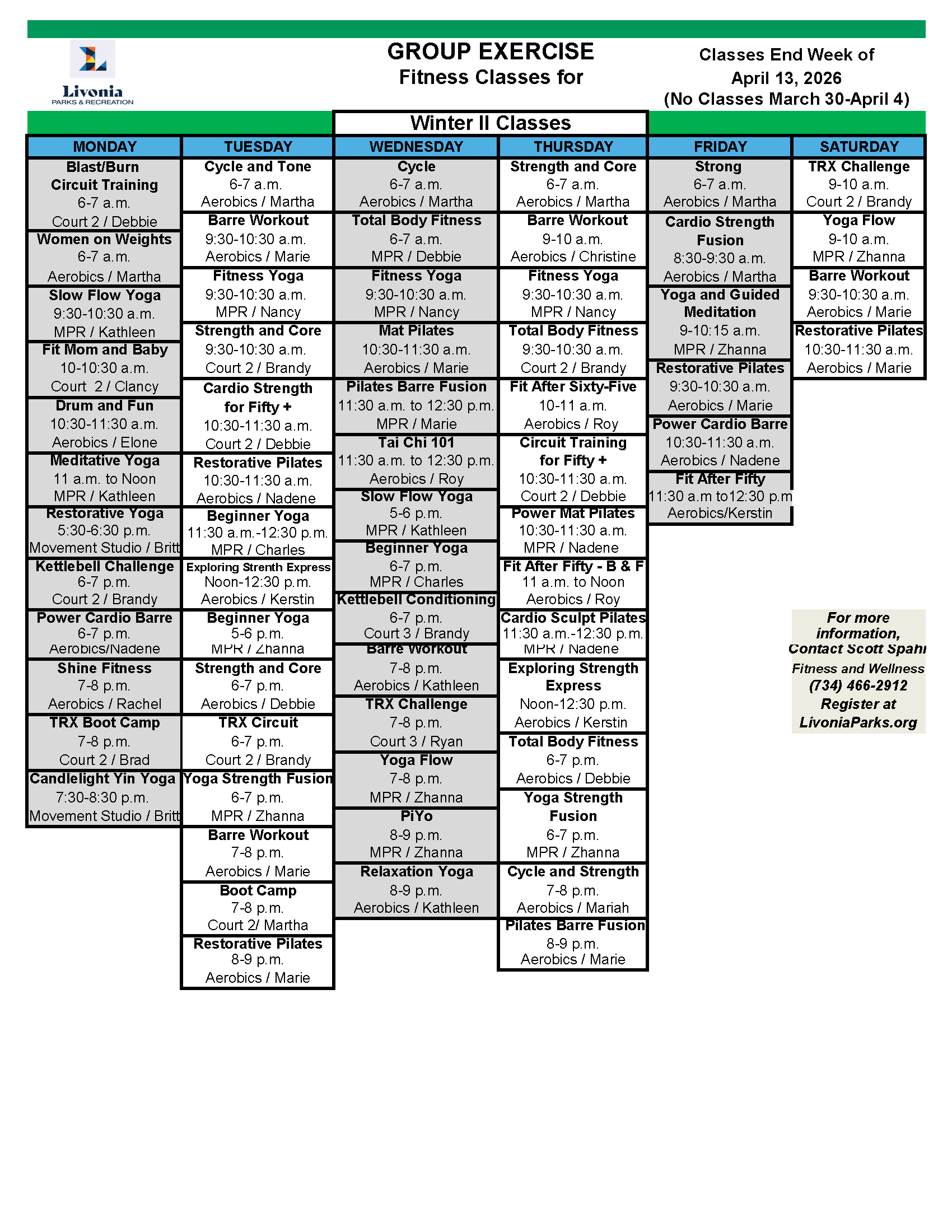 Current Aerobic Schedule